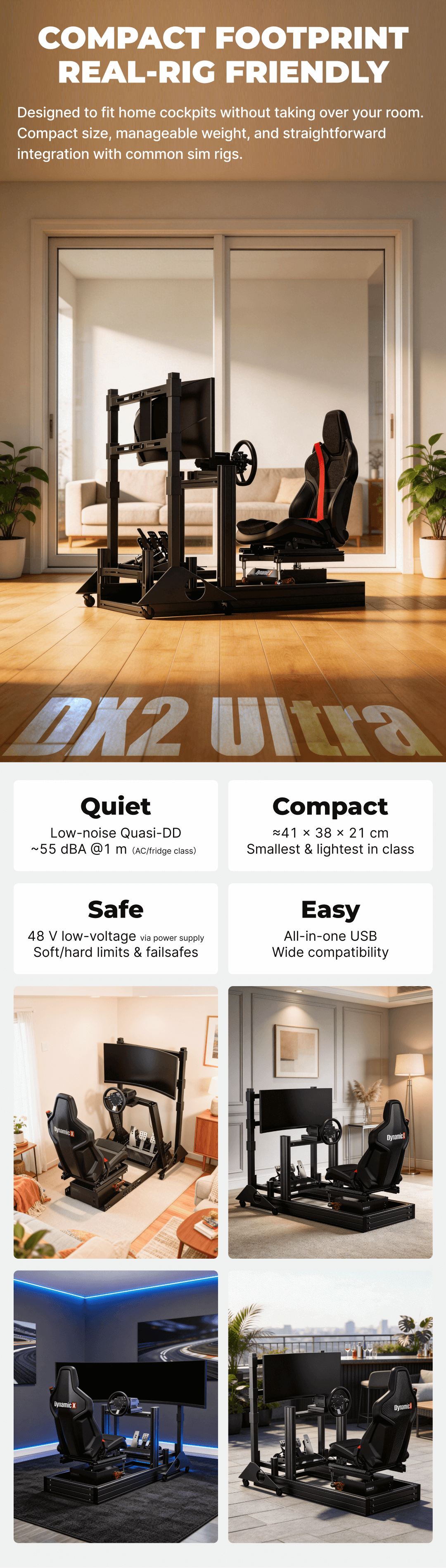 DX2 Ultra compact home simulator setup highlighting quiet operation, safety and easy integration