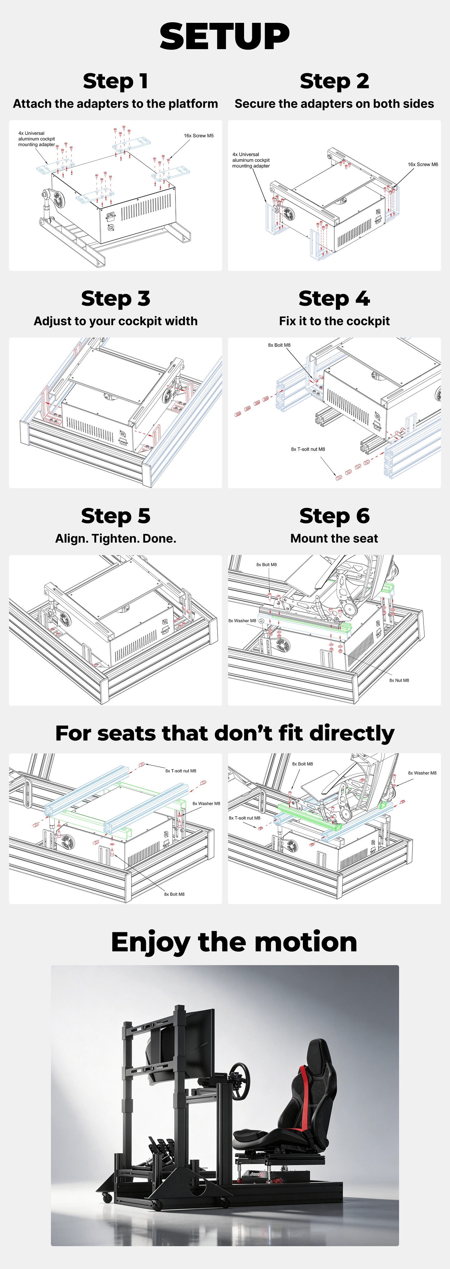 DX2 Ultra installation guide showing adapter mounting, cockpit width adjustment and seat installation