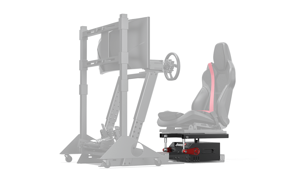 DynamicX DX2 Ultra installed under the seat of a sim racing cockpit