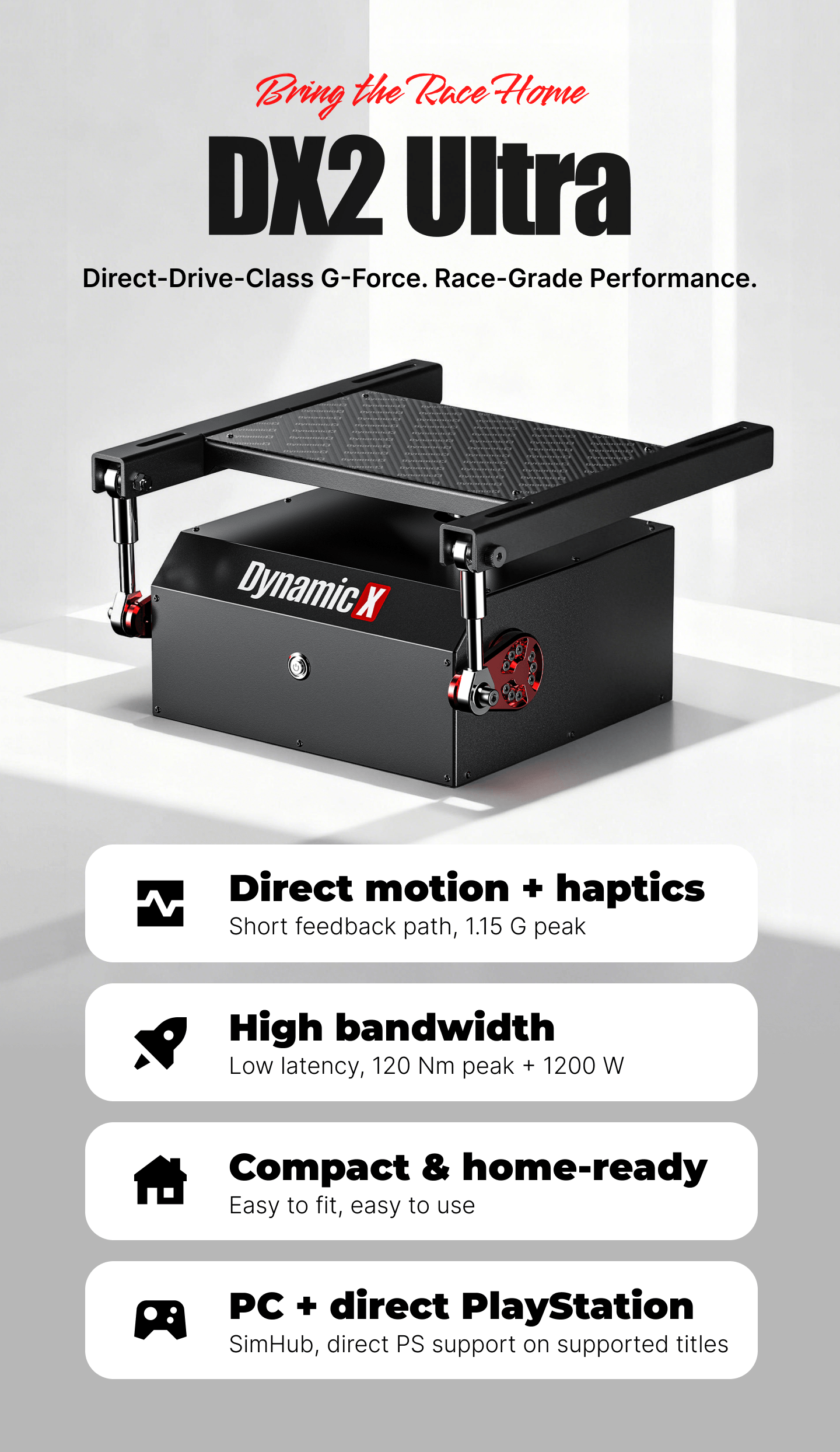 DynamicX DX2 Ultra 2DOF motion and haptic seat mover with short feedback path, high bandwidth, compact design, and PC and PlayStation support