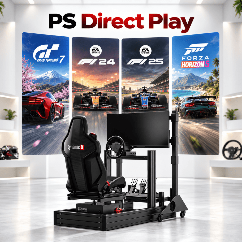 DynamicX DX2 Ultra 2DOF seat mover on a sim racing cockpit, illustrating direct PlayStation motion support for Gran Turismo 7, F1 24, F1 25 and Forza Horizon 5.