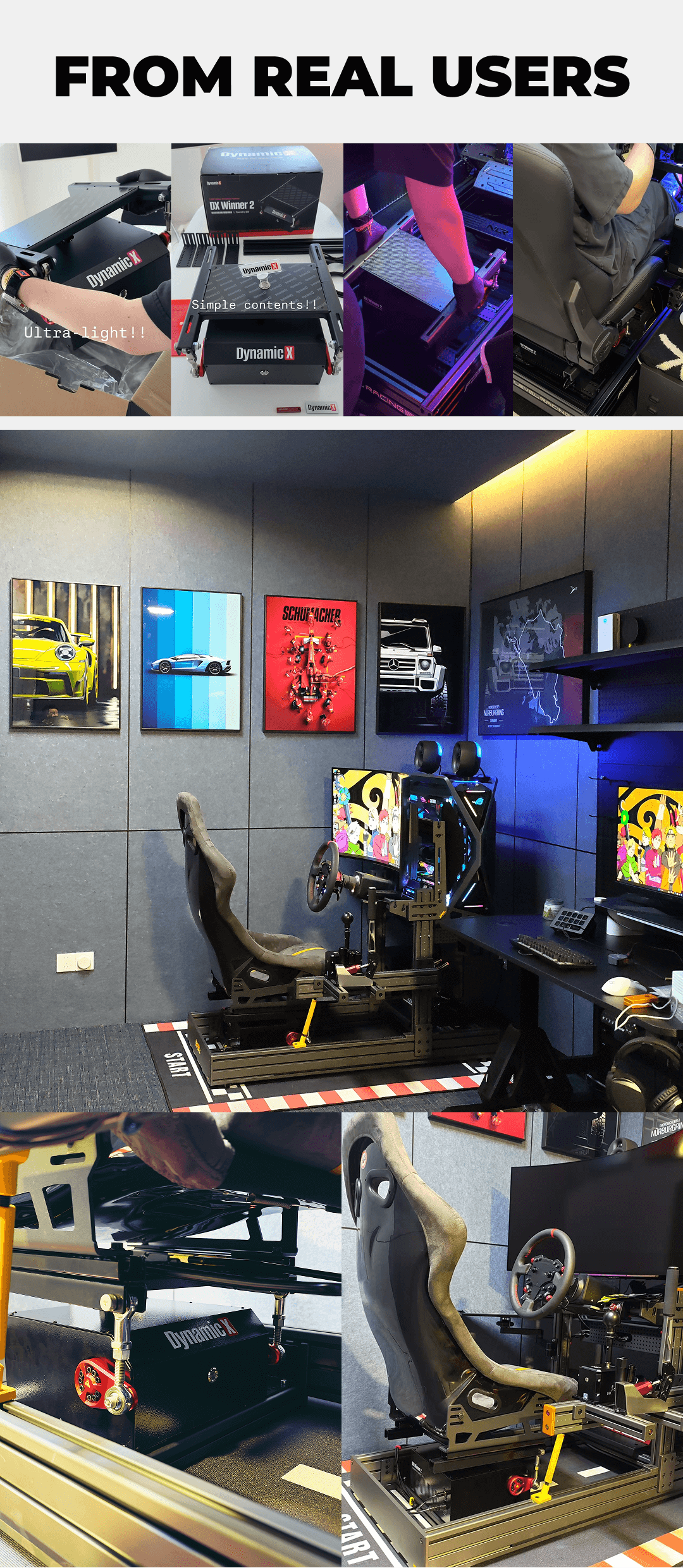 Real DX2 Ultra owner installations across different sim racing cockpits