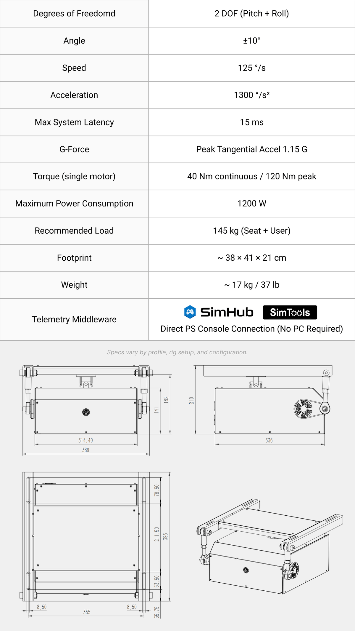 DX2 Ultra technical specifications, dimensions and 2DOF motion performance