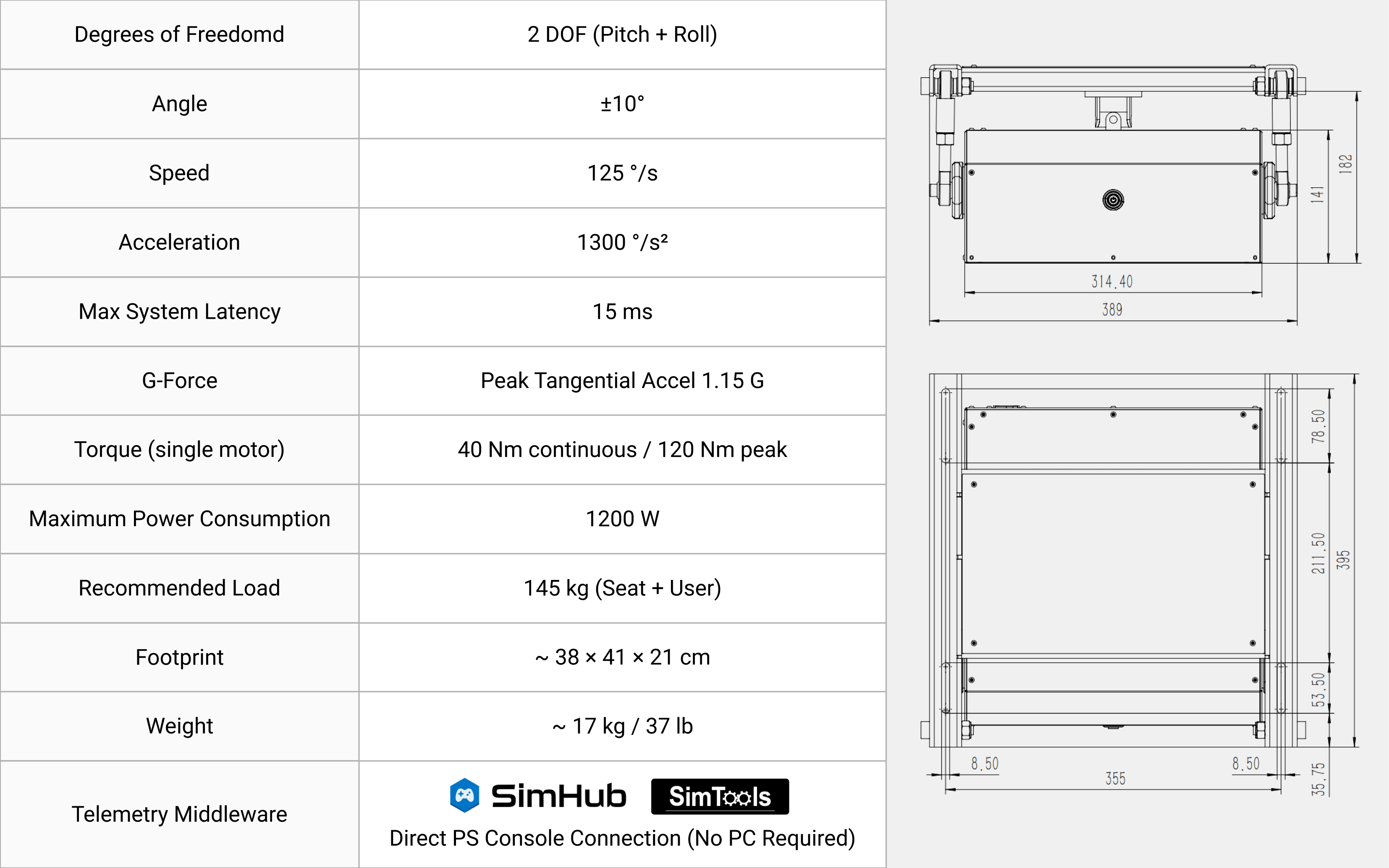 DX2 Ultra technical specifications, dimensions and 2DOF motion performance