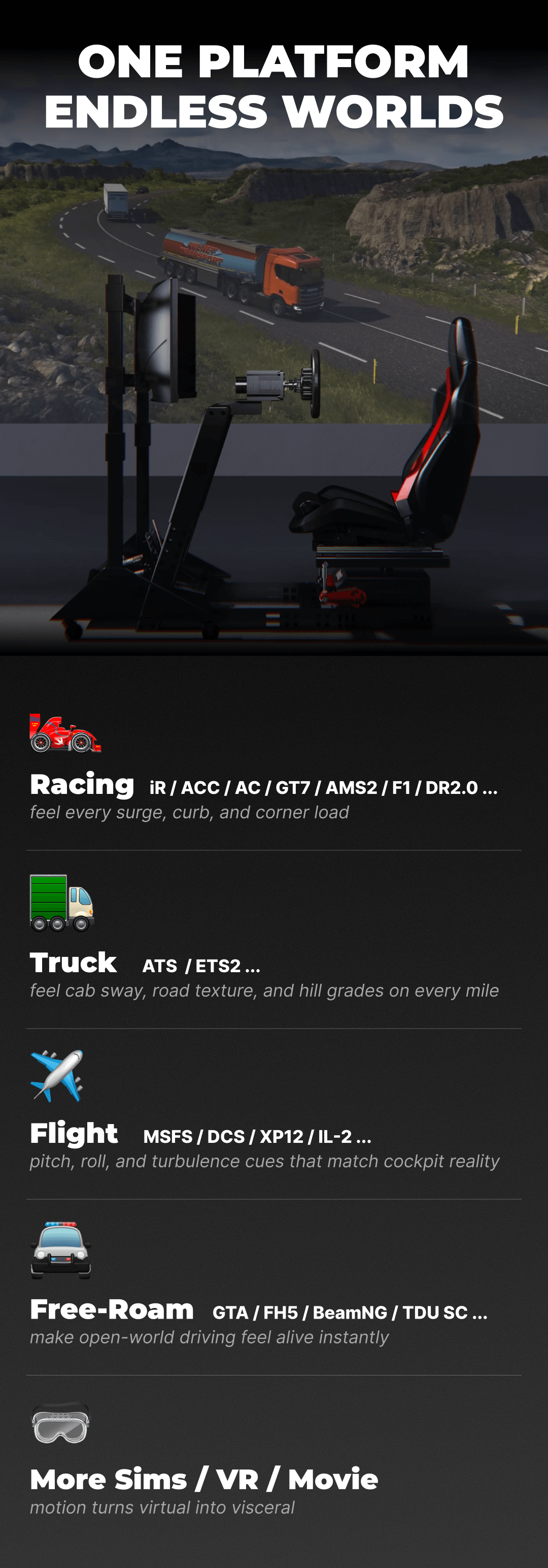 DX2 Ultra supporting sim racing, trucking, flight, free-roam driving, VR and other simulation experiences